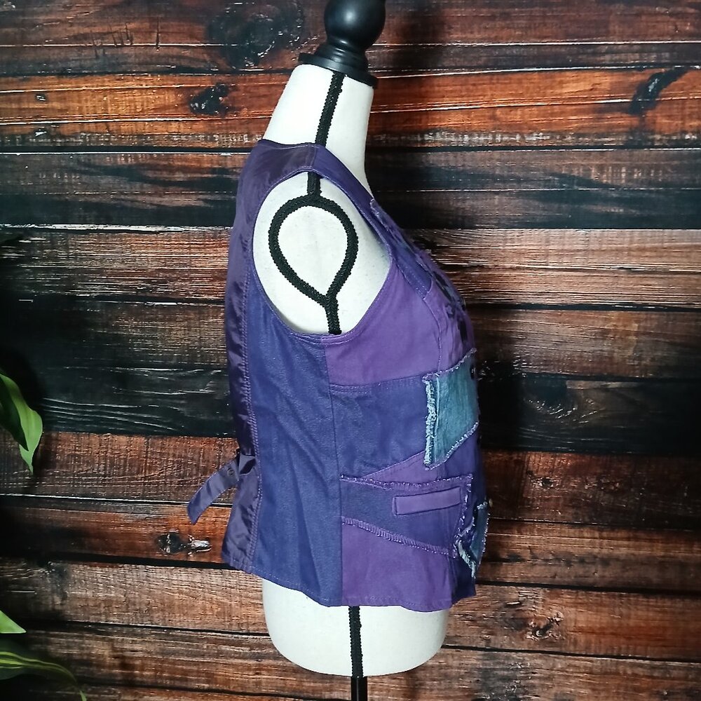 DG2 Diane Gilman Denim Vest M Purple Patchwork Embroidered - Picture 8 of 11
